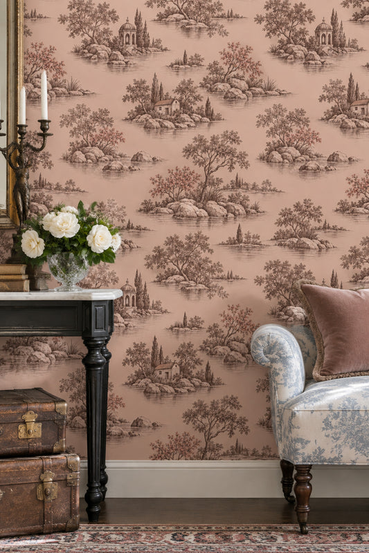 Pastoral Lake Scene Wallpaper Pink Sepia Toile