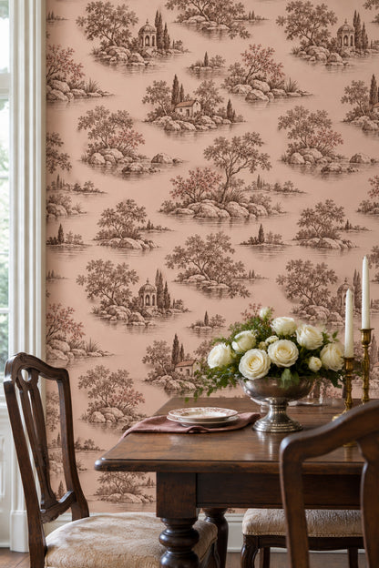 Pastoral Lake Scene Wallpaper Pink Sepia Toile
