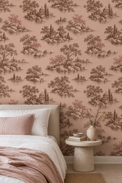 Pastoral Lake Scene Wallpaper Pink Sepia Toile