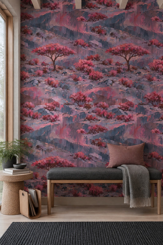 Pink Blossom Tree Wallpaper Dark Mountain Landscape