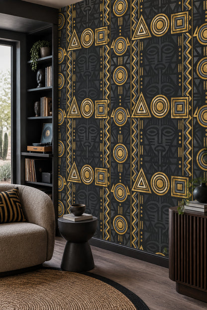Tribal Mask Wallpaper Black Gold Geometric Stripes
