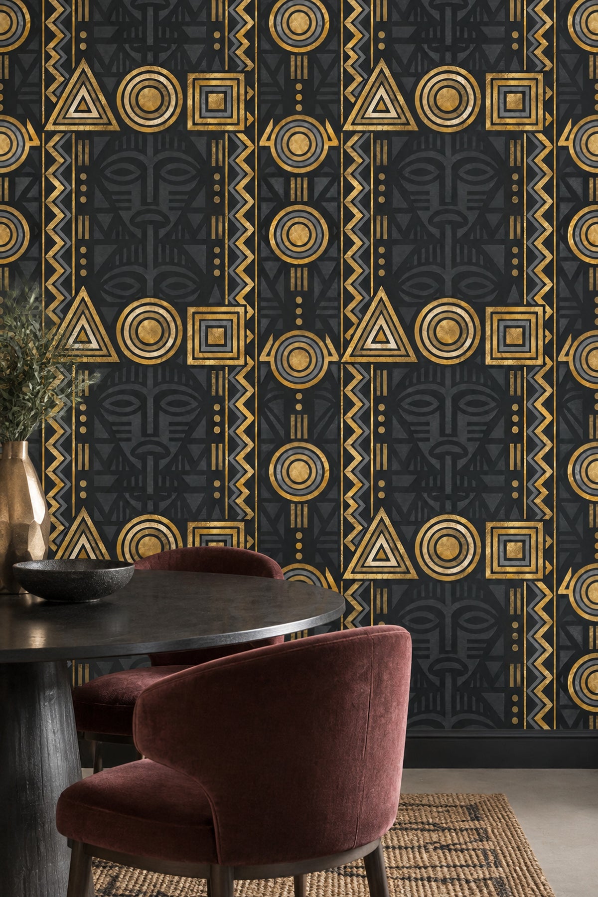 Tribal Mask Wallpaper Black Gold Geometric Stripes