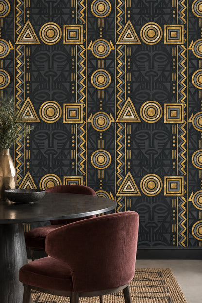 Tribal Mask Wallpaper Black Gold Geometric Stripes