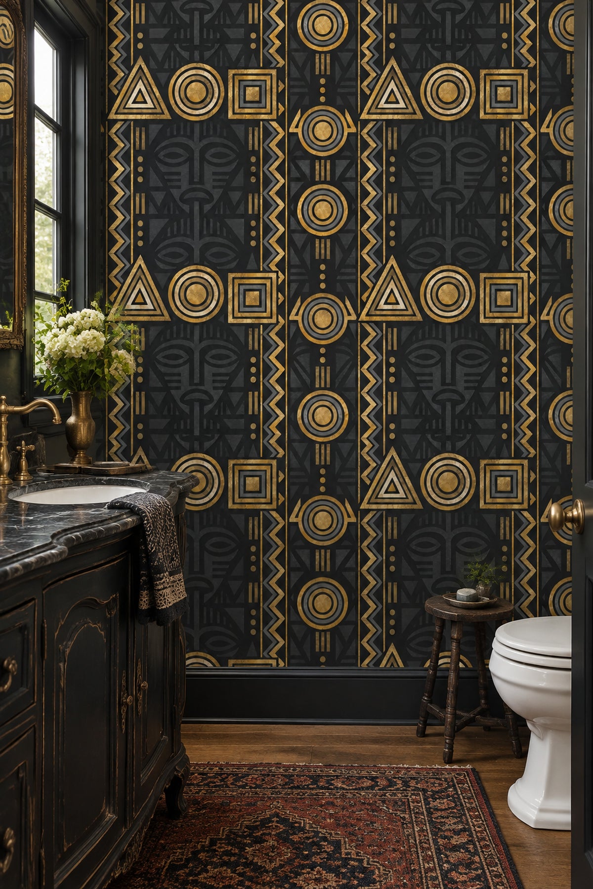 Tribal Mask Wallpaper Black Gold Geometric Stripes