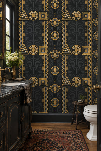 Tribal Mask Wallpaper Black Gold Geometric Stripes