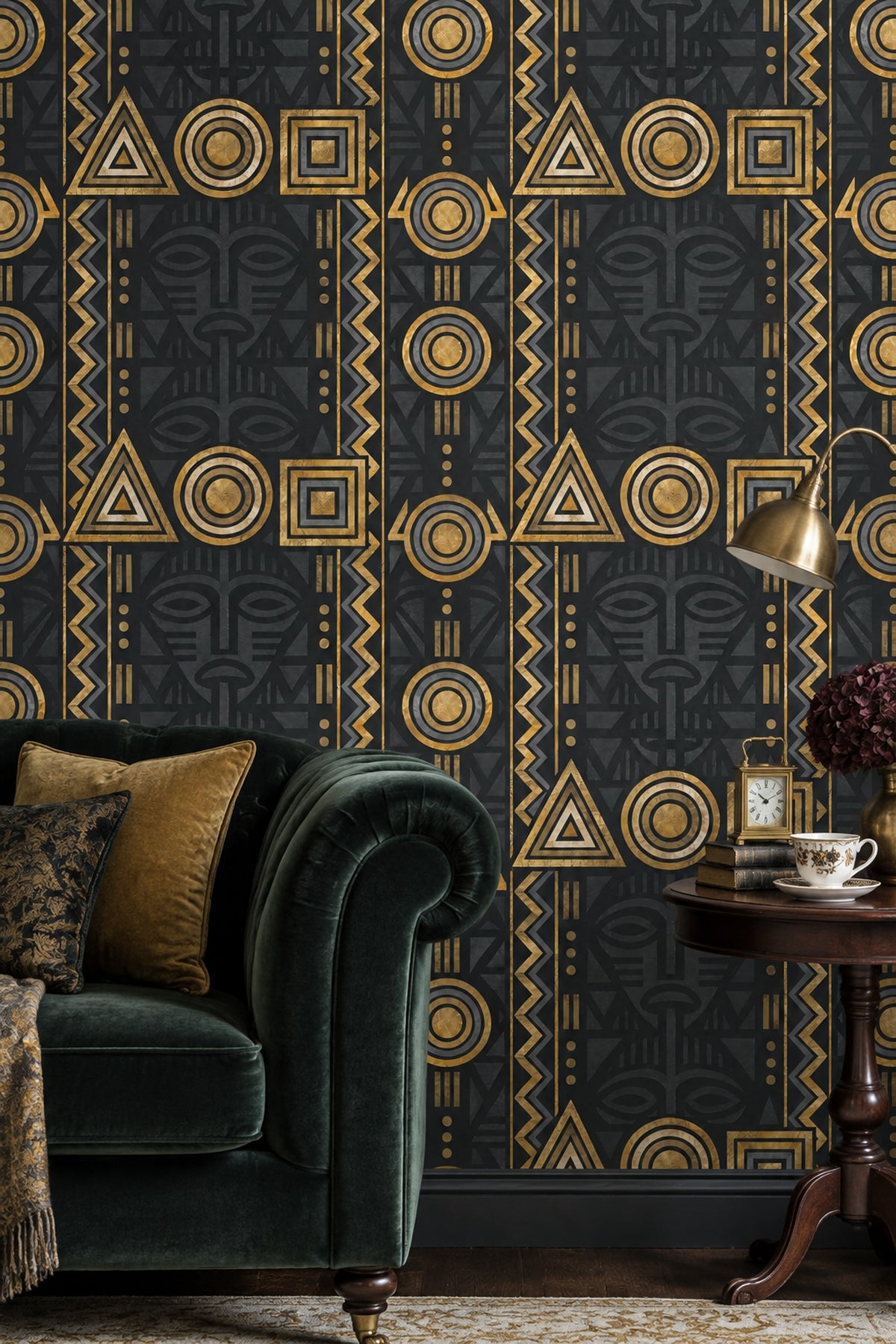 Tribal Mask Wallpaper Black Gold Geometric Stripes