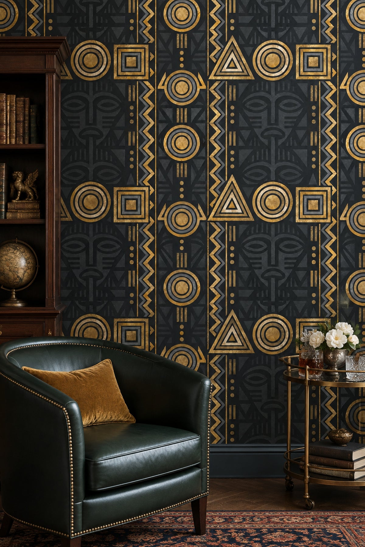 Tribal Mask Wallpaper Black Gold Geometric Stripes
