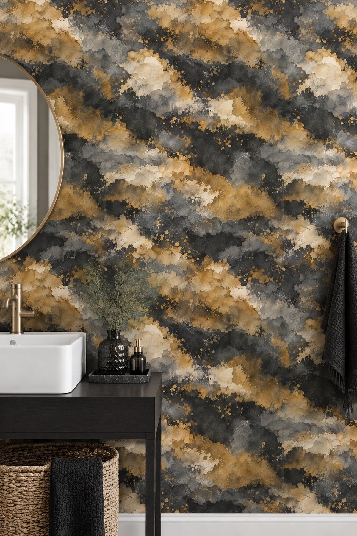 Abstract Splatter Wallpaper Black Gold Watercolor