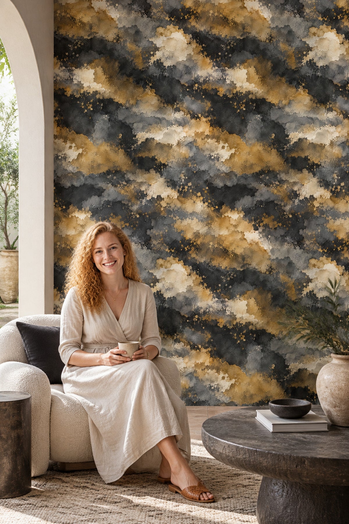 Abstract Splatter Wallpaper Black Gold Watercolor
