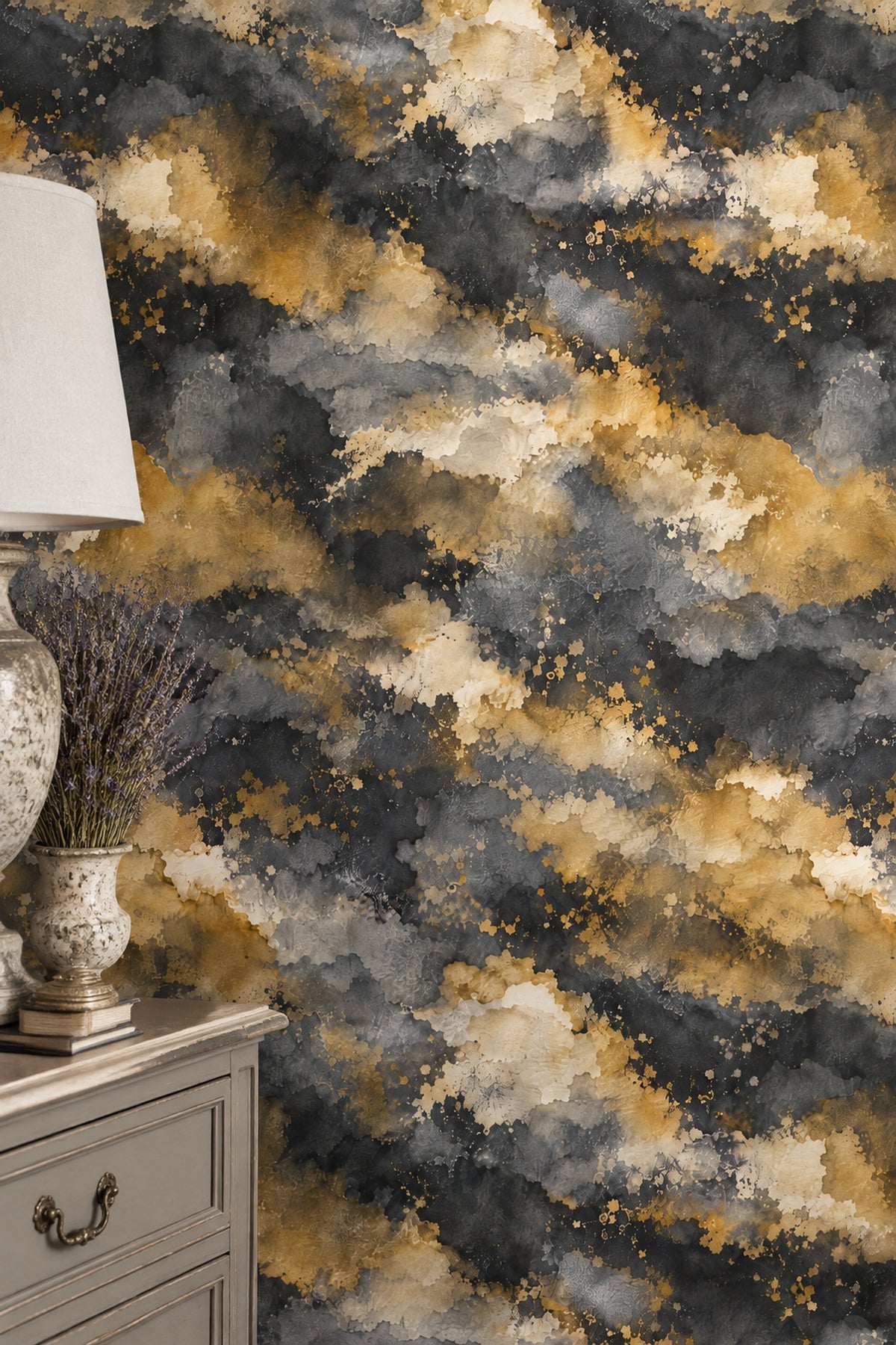 Abstract Splatter Wallpaper Black Gold Watercolor