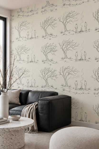 Campfire Landscape Wallpaper Toile Line Drawing Ivory Background