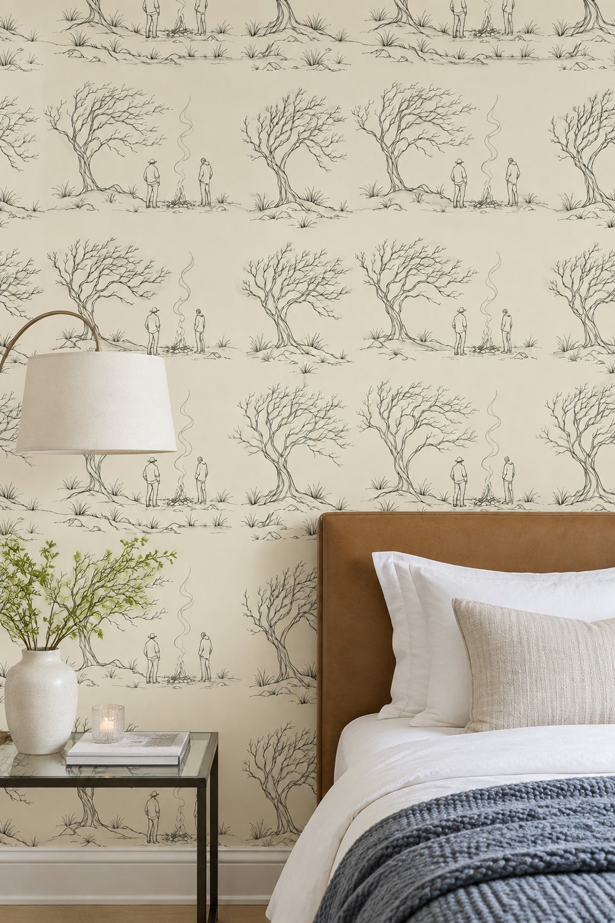 Campfire Landscape Wallpaper Toile Line Drawing Ivory Background