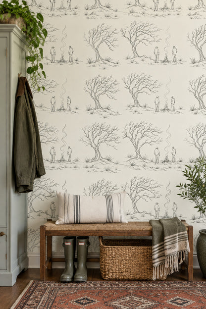 Campfire Landscape Wallpaper Toile Line Drawing Ivory Background