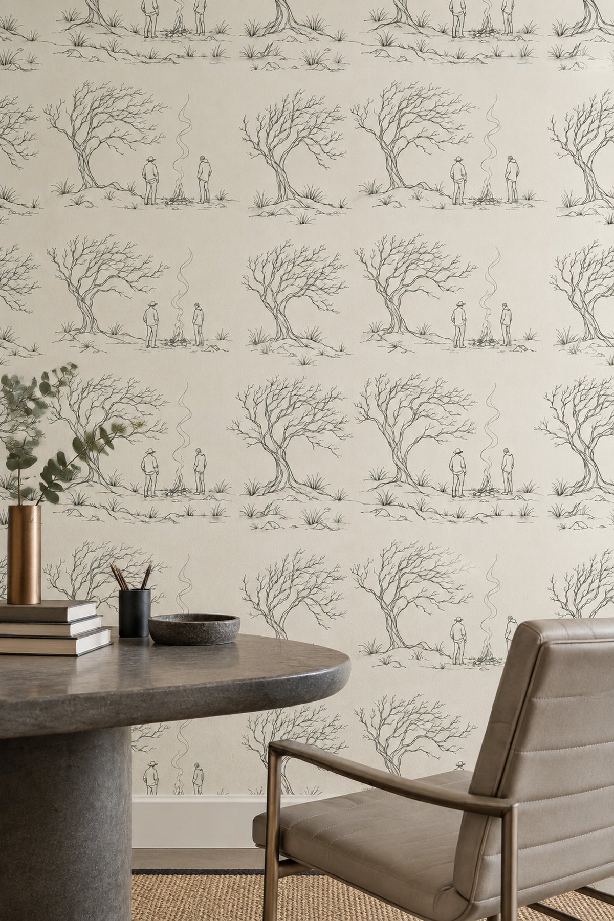 Campfire Landscape Wallpaper Toile Line Drawing Ivory Background