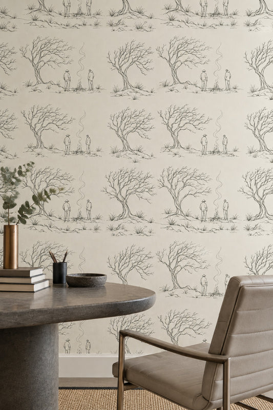 Campfire Landscape Wallpaper Toile Line Drawing Ivory Background