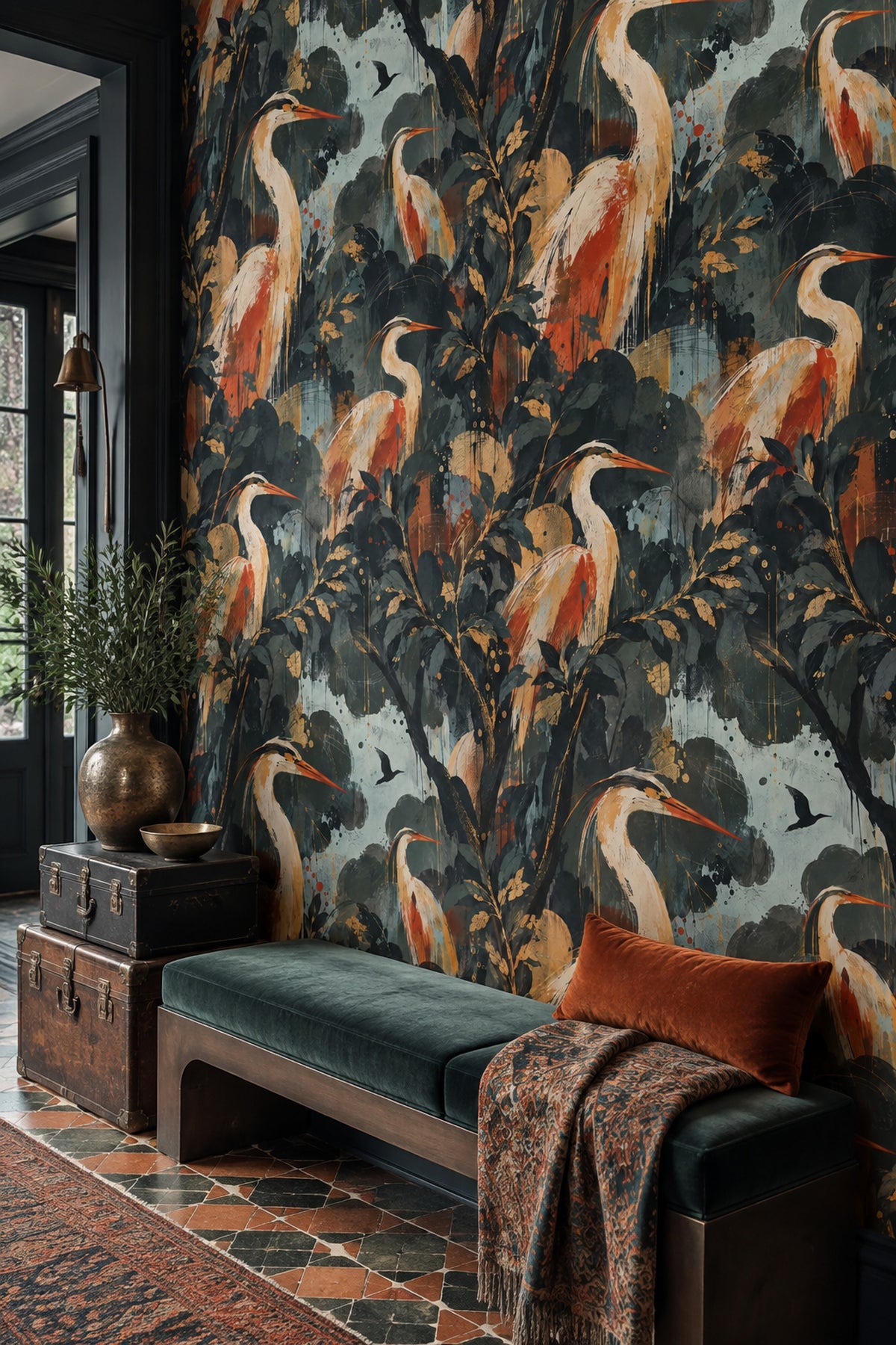 Heron Wallpaper Dark Tropical Foliage With Gold Accents