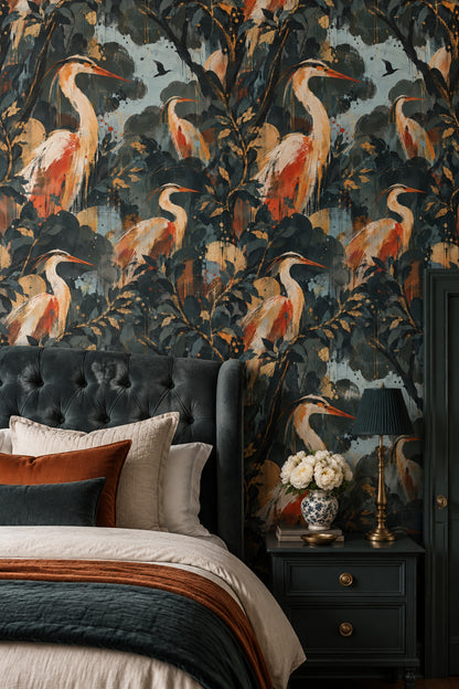 Heron Wallpaper Dark Tropical Foliage With Gold Accents