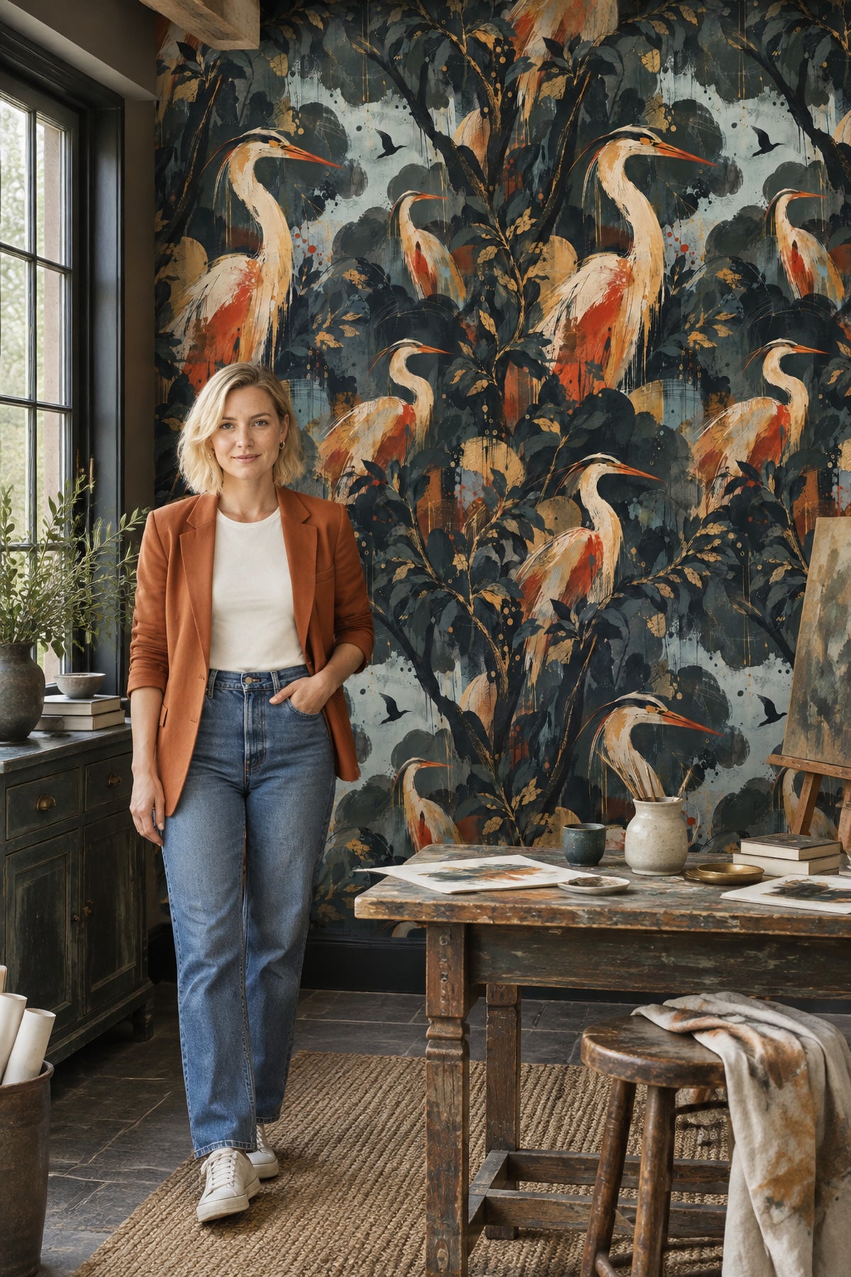 Heron Wallpaper Dark Tropical Foliage With Gold Accents
