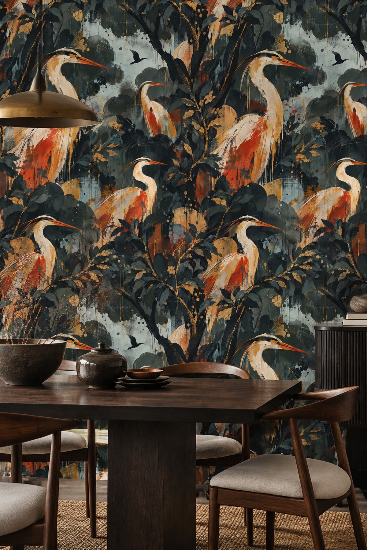 Heron Wallpaper Dark Tropical Foliage With Gold Accents