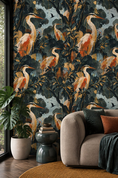 Heron Wallpaper Dark Tropical Foliage With Gold Accents