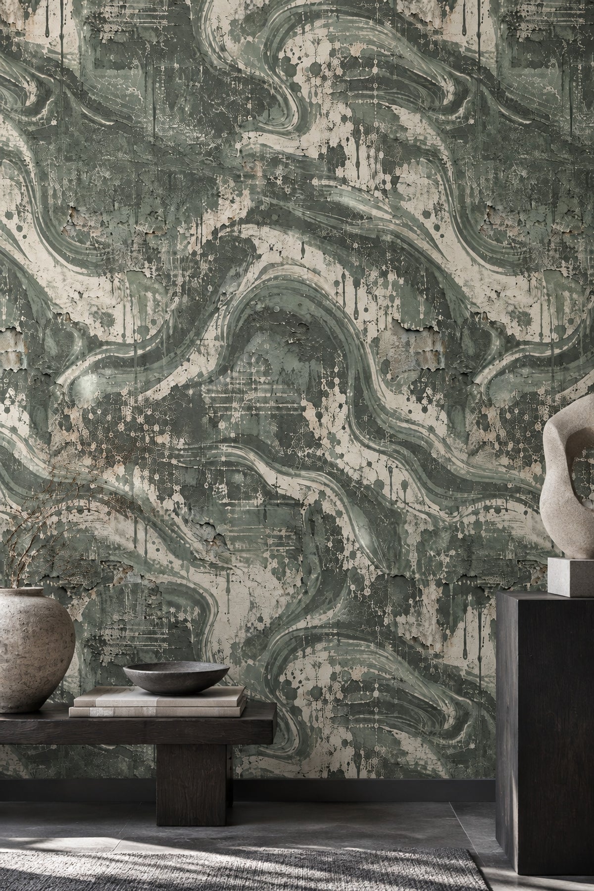 Abstract Plaster Texture Wallpaper Sage Green Grunge Finish