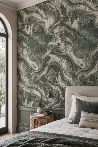 Abstract Plaster Texture Wallpaper Sage Green Grunge Finish
