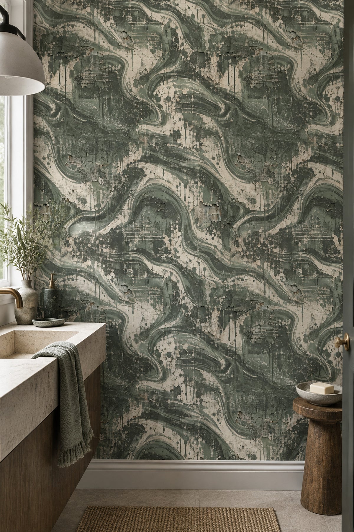 Abstract Plaster Texture Wallpaper Sage Green Grunge Finish