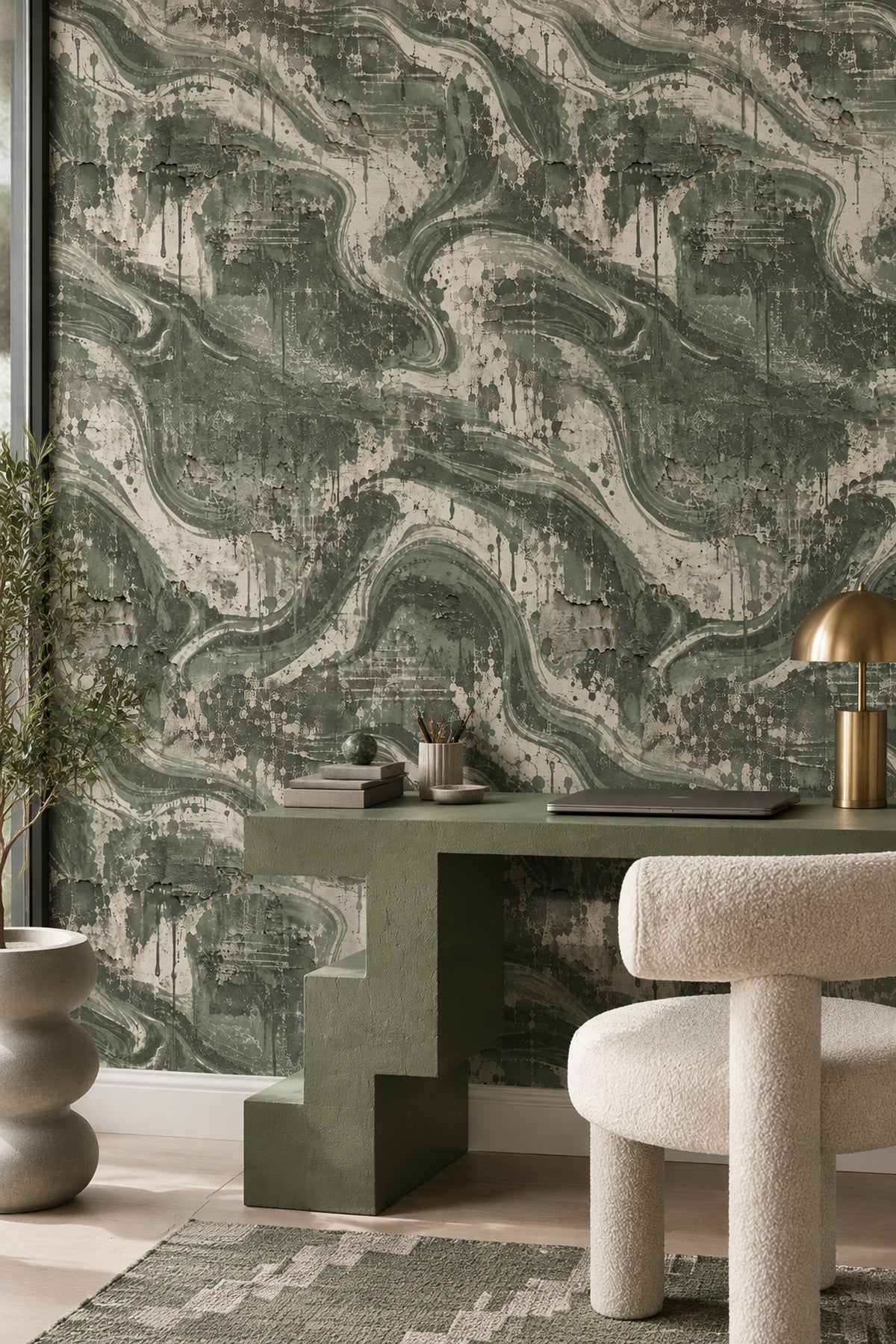 Abstract Plaster Texture Wallpaper Sage Green Grunge Finish