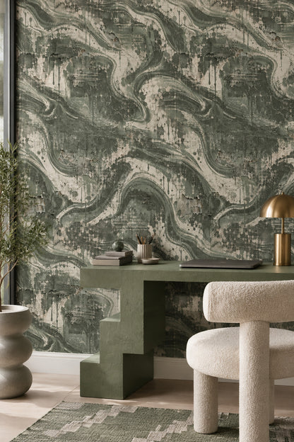 Abstract Plaster Texture Wallpaper Sage Green Grunge Finish