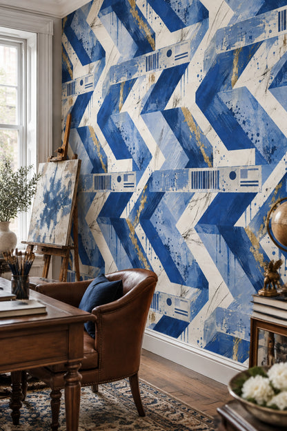 Chevron Zigzag Wallpaper Blue Gold Abstract Pattern