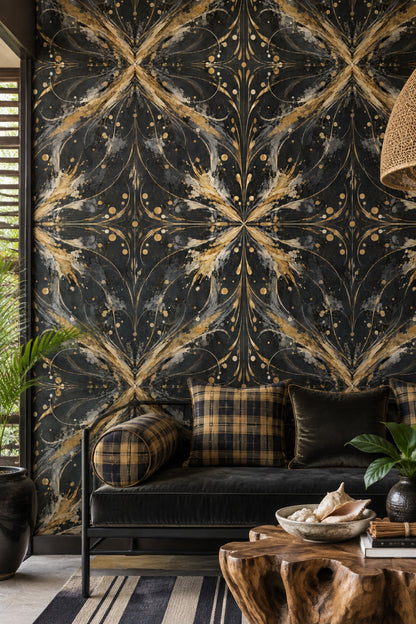 Gold Feather Brushstroke Wallpaper Dark Black Background
