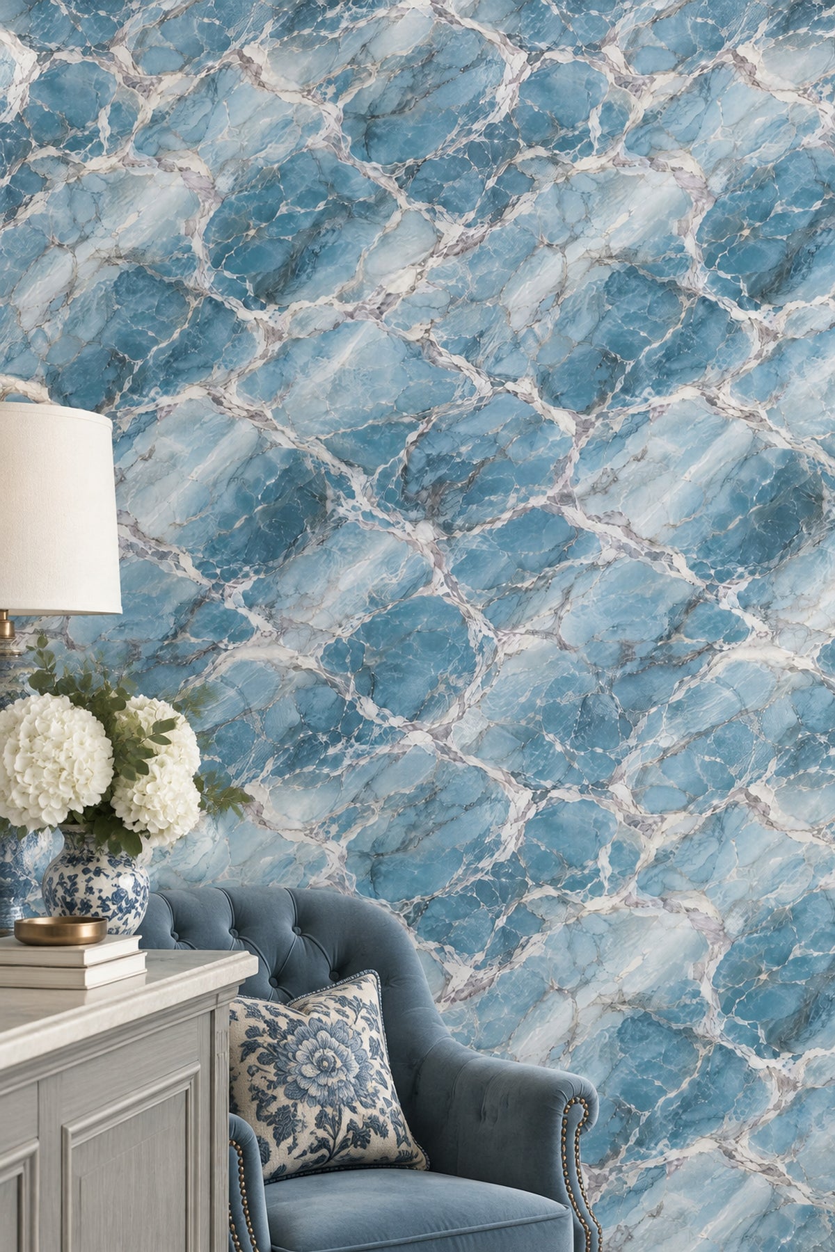 Blue Marble Wallpaper White Veining Cool Toned Stone Texture