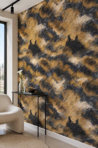 Abstract Brushstroke Wallpaper Black Charcoal Gold Textured
