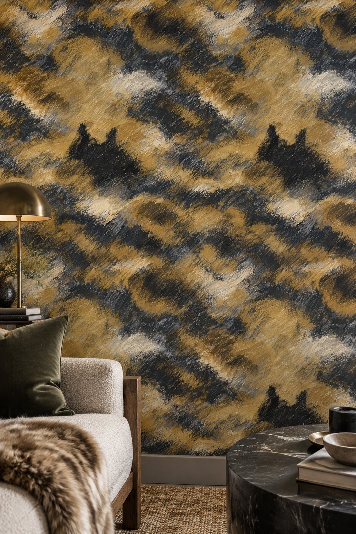 Abstract Brushstroke Wallpaper Black Charcoal Gold Textured