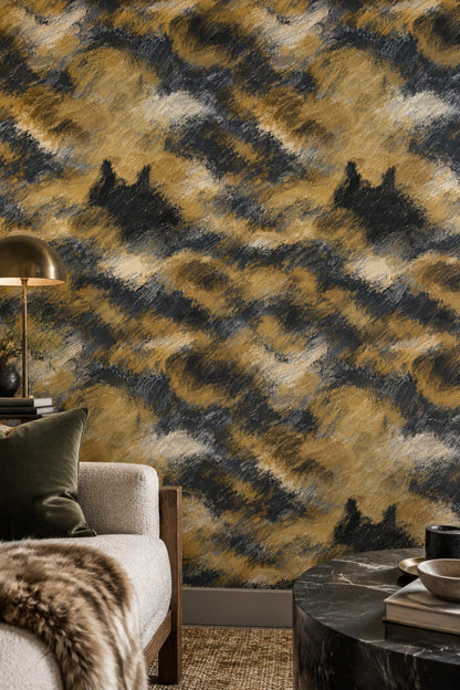 Abstract Brushstroke Wallpaper Black Charcoal Gold Textured