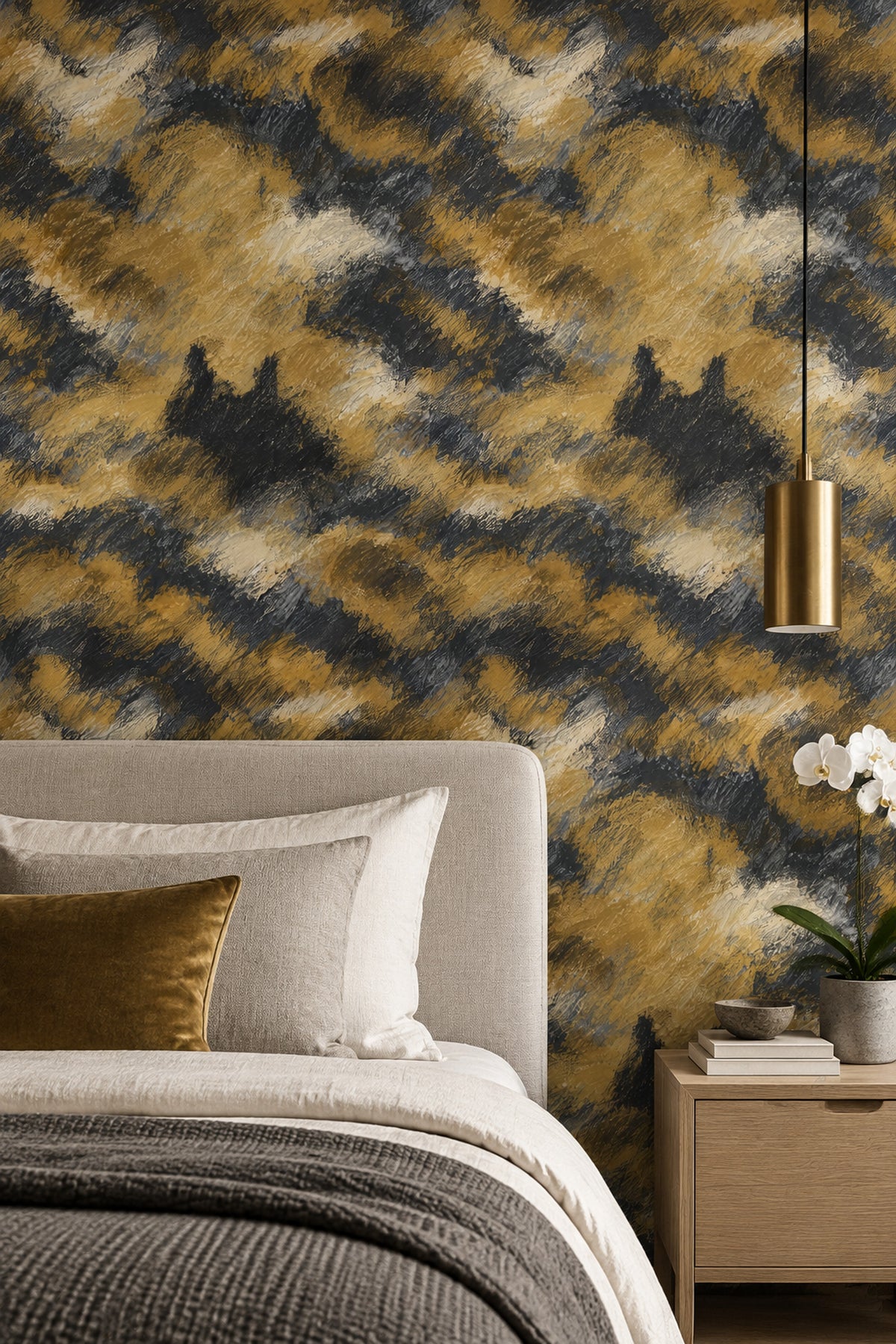Abstract Brushstroke Wallpaper Black Charcoal Gold Textured