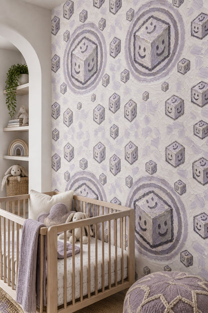 Smiley Cubes Wallpaper Playful Geometric Lavender Gray