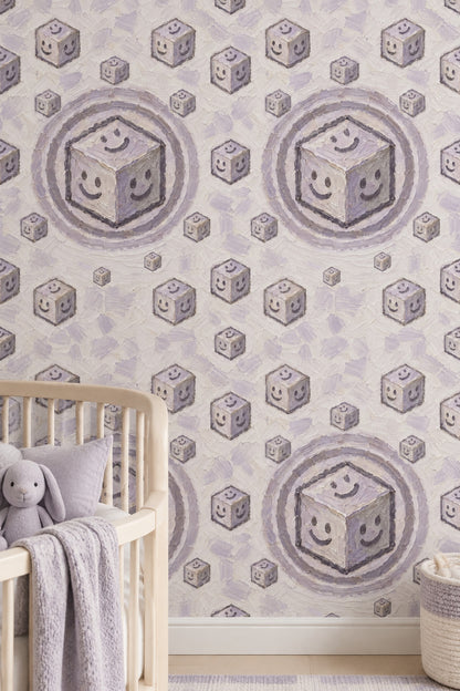 Smiley Cubes Wallpaper Playful Geometric Lavender Gray