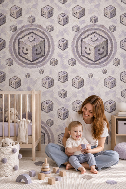 Smiley Cubes Wallpaper Playful Geometric Lavender Gray