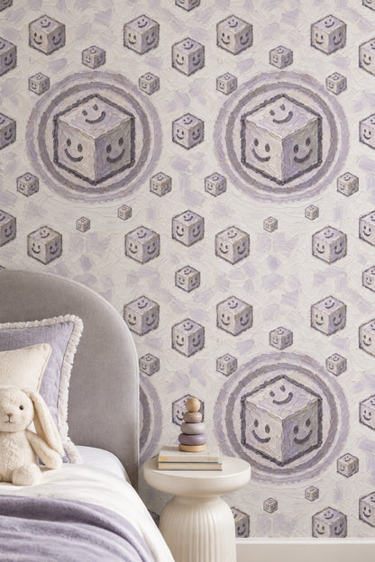 Smiley Cubes Wallpaper Playful Geometric Lavender Gray