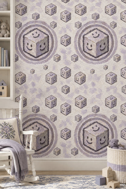 Smiley Cubes Wallpaper Playful Geometric Lavender Gray