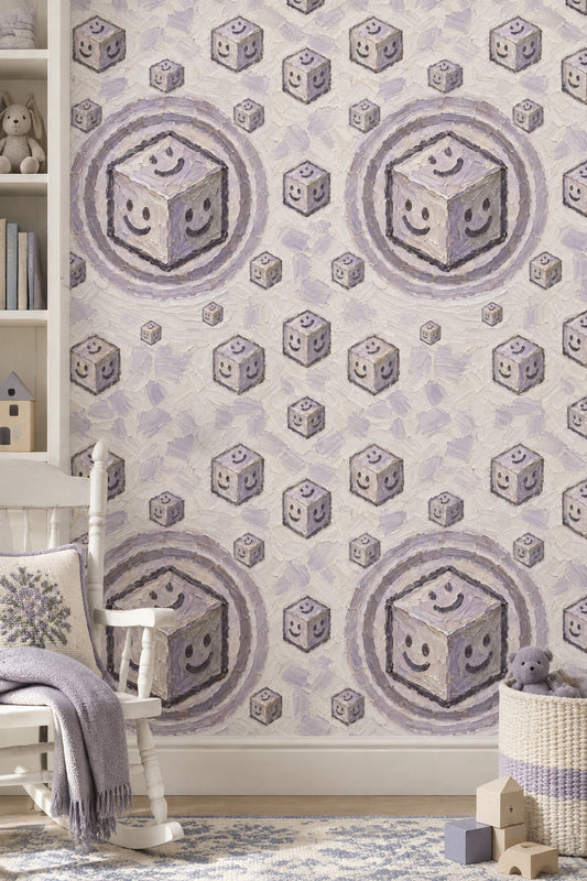 Smiley Cubes Wallpaper Playful Geometric Lavender Gray