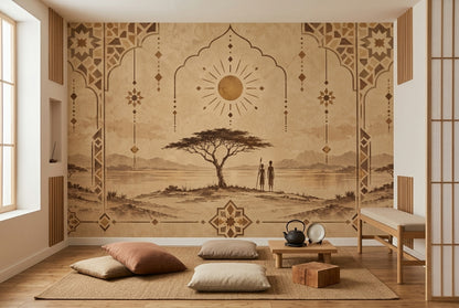 African Landscape Wallpaper Sepia Geometric Arches Wall Mural