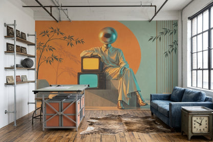Disco Head Figure Wallpaper Retro Futurist Wall Mural
