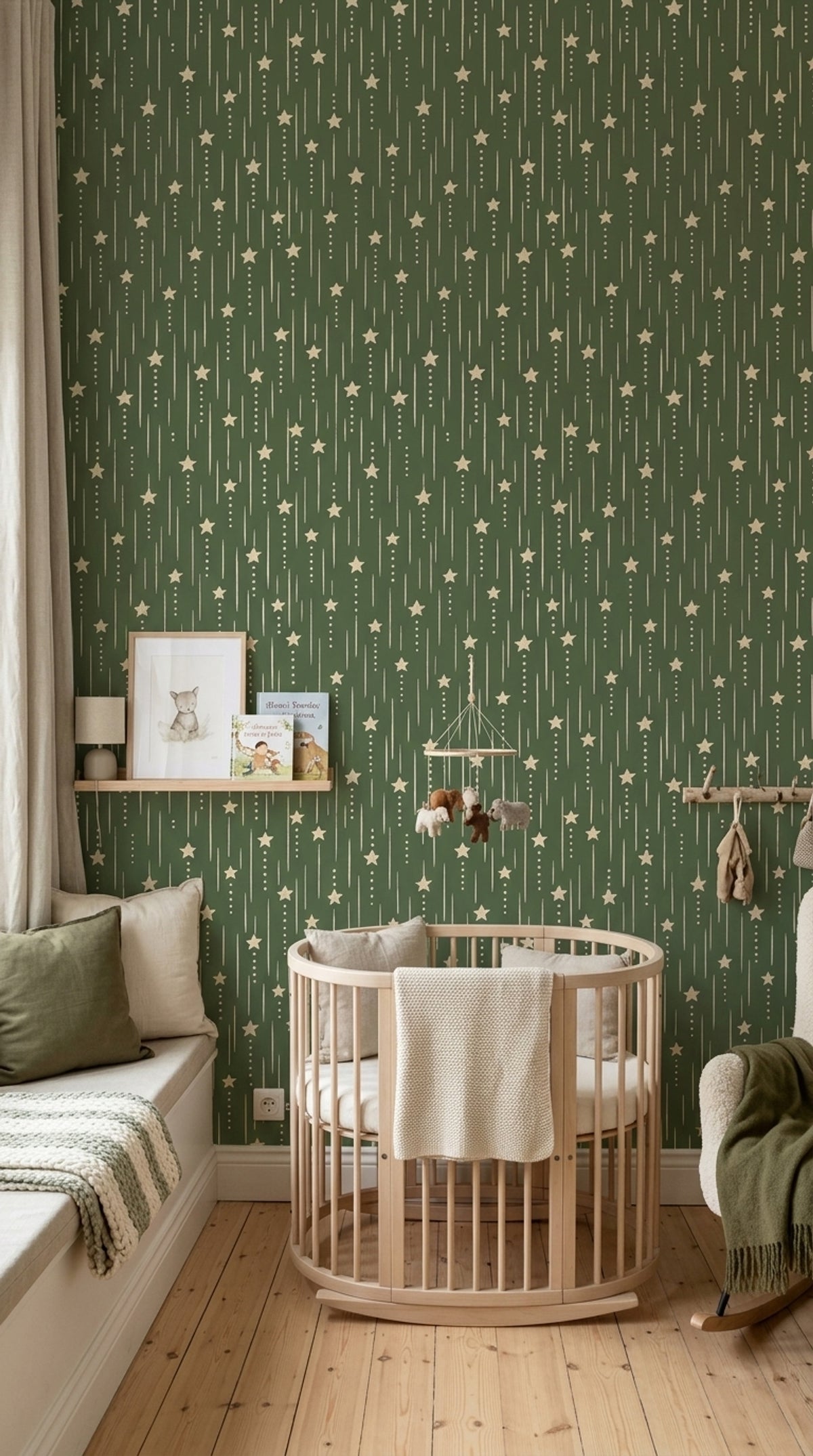 Cream Stars Wallpaper Olive Green Vertical Stripes