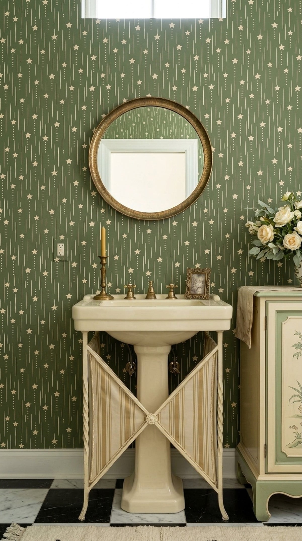 Cream Stars Wallpaper Olive Green Vertical Stripes