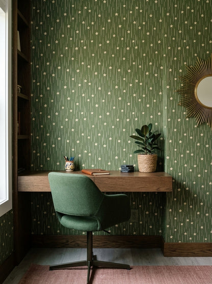 Cream Stars Wallpaper Olive Green Vertical Stripes