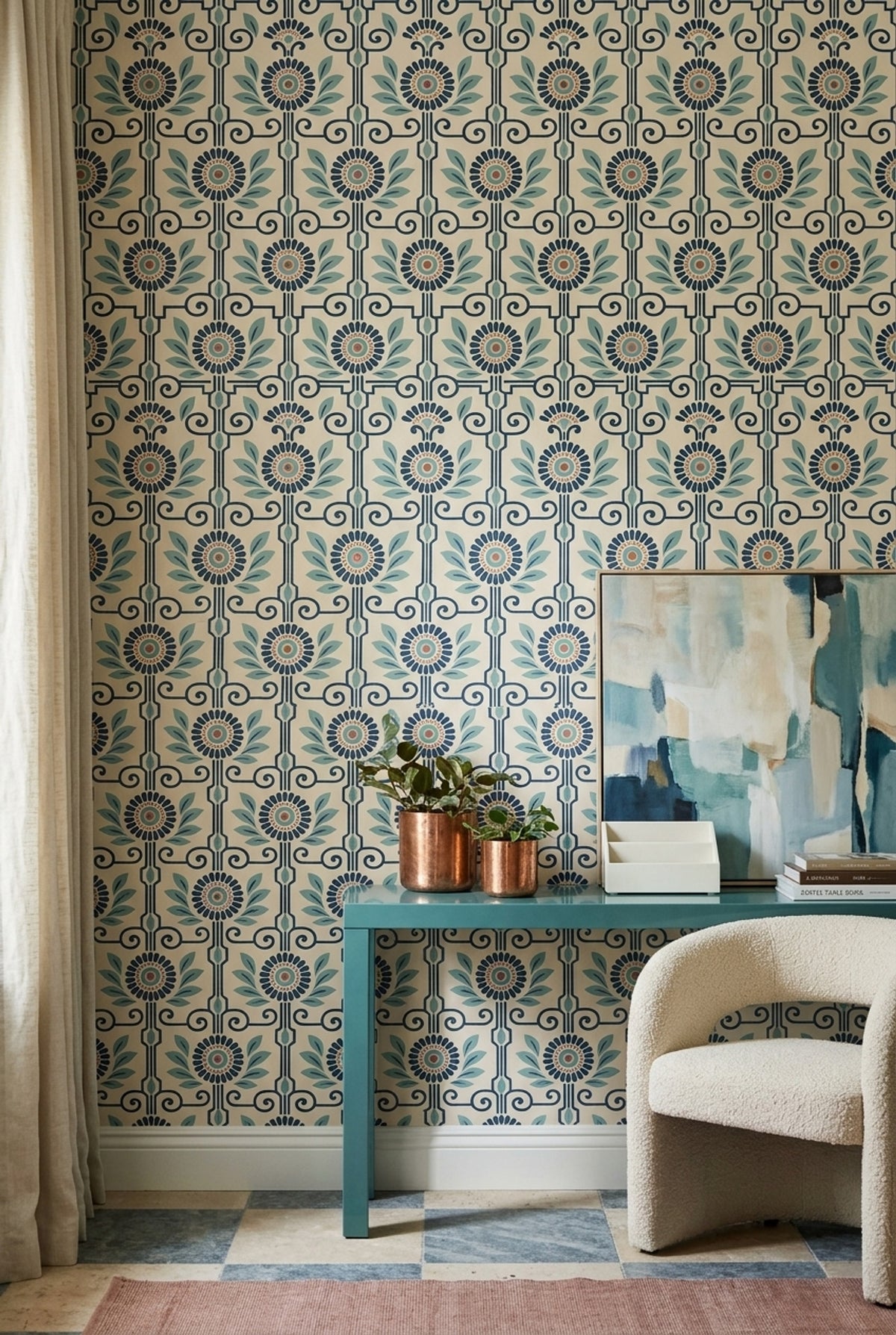 Mediterranean Floral Wallpaper Navy Scrollwork On Cream
