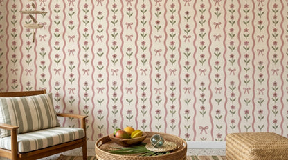 Pink Bow Floral Wallpaper Wavy Striped Cream Background