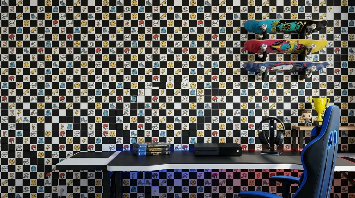 Skateboard Doodle Wallpaper Checkered Black And White Pattern